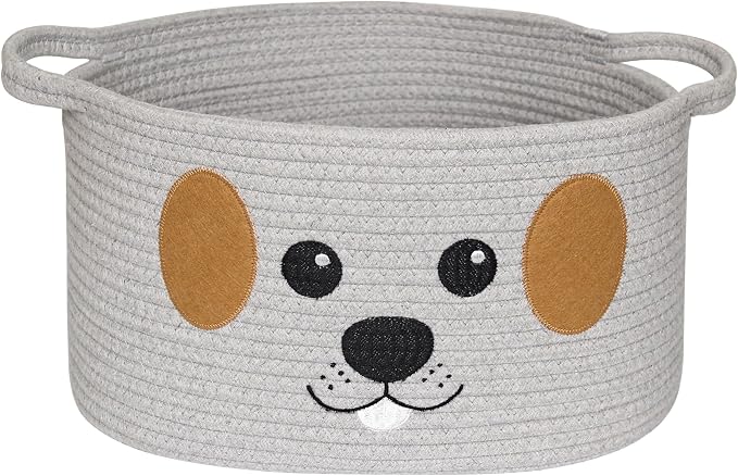 Woven Dog Toy Basket, Cute Embroidered Pet Toy Bin, Soft Cotton Rope Dog Organization and Storage, Medium Pet Stuff Organizer, Puppy Animal Storage Basket for Leashes, Gifts, 15"x11"x9", Gray