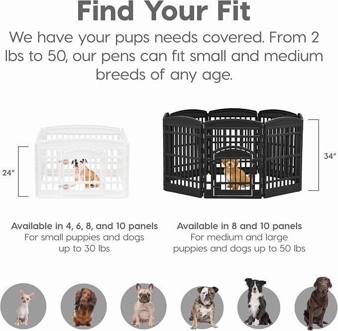 IRIS USA 4-Panel Dog Playpen, Pet Enclosure, White | Puppy Training, Configurable Layout, Multi-Shape Setup, Custom Pen Configuration, Secure Door Latch, Stable Non-Tip Base