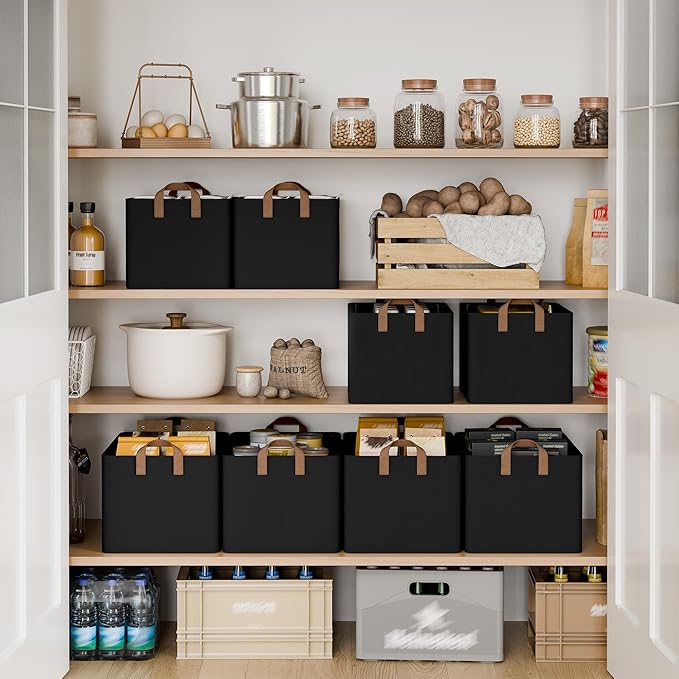 StorageWorks Closet Storage Bins, Black, Large, 2-Pack | With Reinforced PU Handles, Metal Frame, Collapsible, Storage Basket for Shelves, Closet, Holds Clothes, Towels, Blankets