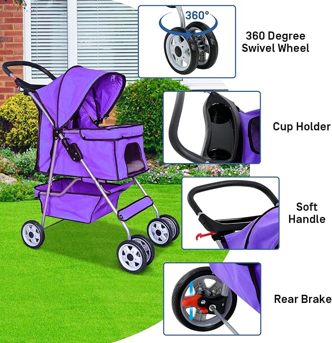 Best 4 Wheels Dog Cat Stroller, Lightweight & Foldable Pet Jogger, Carrier Strolling Cart W/Cup Holders Removable Liner - Purple