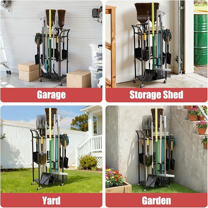 Faesun Garden Tool Organizer with Wheels, Rolling Yard Tool Rack with 14 Hooks & 5 Slots, 3-Tier Metal Cart Holds 50+ Rakes/Shovels/Brooms, Mobile Lawn Storage for Garage Shed Outdoor