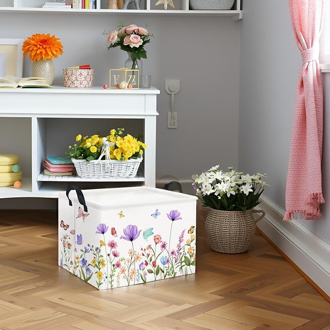 Rectangular Baby Girl Basket Kids Baby Storage Basket Storage Bin Organizer Box Room Decor(Purple Flower)