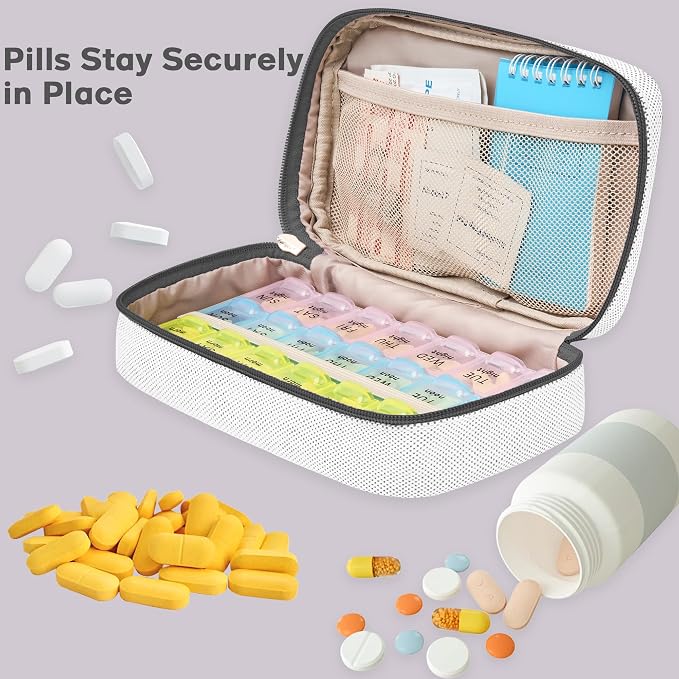Lexeeco Travel Pill Case for Purse with Weekly Pill Organizer 2 Times a Day | Cute Am Pm Pill Box 7 Day ,Travel Medicine Organizer Pill Container Holder for Vitamins,Fish Oils,Medication,Medical Supplies