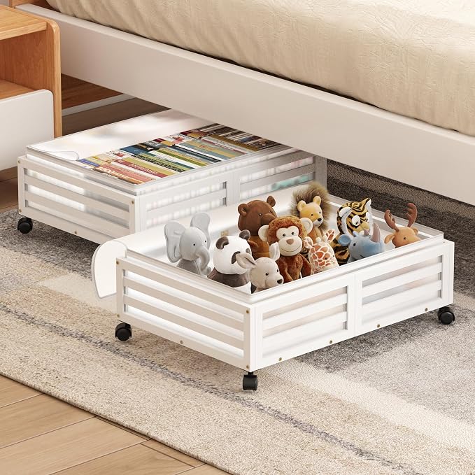 Under Bed Storage with Wheels, 2 Pack Bamboo Drawers for Shoes and Clothes | Fitted dustproof bags, stackable design, smooth pullout access for bedding, blankets, toys and seasonal essentials