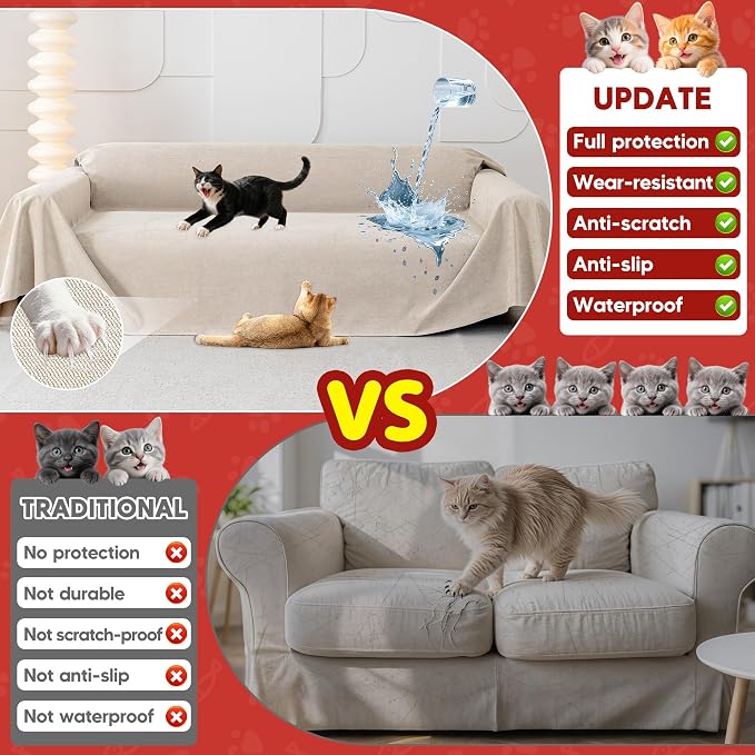 Loiion Cat Scratch Proof Furniture Protector Waterproof Sofa Cover 150"x91" | Pet-Friendly Couch Protector, Anti-Scratch & Anti-Slip Sofa Cover For Cats Dogs Kids, Machine Washable