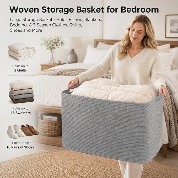 OIASKET 108L Extra Large Blanket Basket Living Room, 24.8" x 16.2" x 16.2" | Rectangle Woven Laundry Hamper, Nursery Blanket Storage Living Room, Toy Storage With Handle, Large Baskets for Organizing