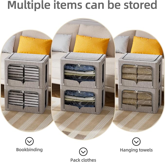 FHSQX 3 Pack Clothes Storage Bins, Light Gray, 16.5x12.2x12.2inch (40L) | Foldable Metal Frame, Stackable, Linen Fabric, Carrying Handles, Clear Window