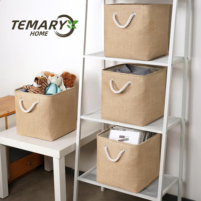 Temary Fabric Baskets 12 Inch Storage Cubes Basket, Clothes Baskets for Shelf, 4 Pack Large Storage Basket with Handles for Organizing Books, Blankets (Linen Yellow)