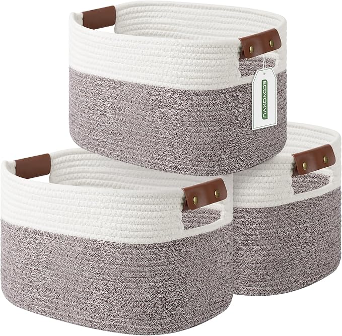 ECDYQXVU 15x10x9 Woven Cotton Rope Storage Basket, Leather Handles 3 Pack | Foldable Design, Sturdy PU Handles, Easy to Clean Organizer for Living Room, Closet, Shelves, Bedroom, Laundry, Clothes