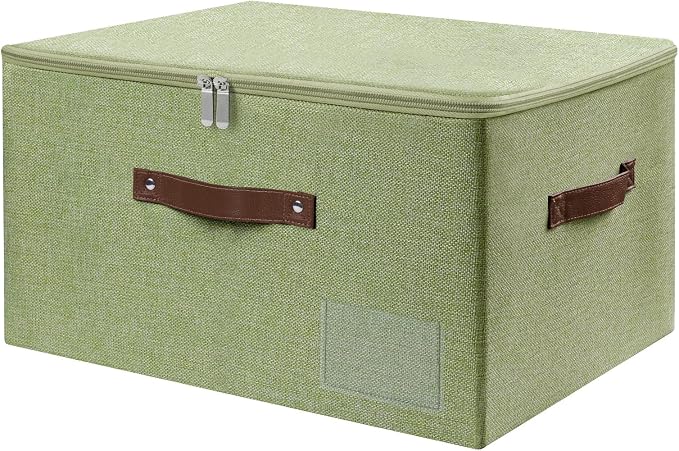 ANMINY Storage Box Fabric Bins with Zipper Lid, 17.7"x13.8"x10" Green | Keepsake Box, Decorative, Cotton Linen, Reinforced PP Board Frame, Washable, Stackable & Foldable, Label Holder & PU Handles