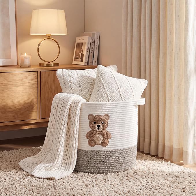LemonRoad Teddy Bear Basket 14"x14", Baby Laundry Basket with Handles | Bear Hamper, Baby Storage Basket, Toy Organizer for Nursery, Woven Cotton Rope Blankets, Stuffed Animals Clothes for Kid Room