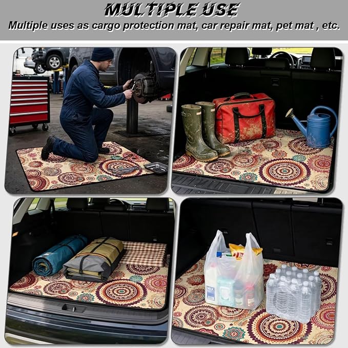 Howilath Heavy Duty Car Trunk Mat All Weather Non-Slip Vintage Boho Mandala Rear Trunk Mat Durable Polyester Carpet Auto Interior Accessory
