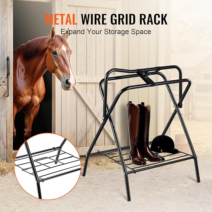VEVOR Folding Saddle Rack, 2 Packs Freestanding Horse Saddle Stand, Portable Horse Blanket Holder, Heavy Duty Steel Saddle Rack for English & Western Saddles, Tack Storage, 28 x 19 x 37.5 in, Black