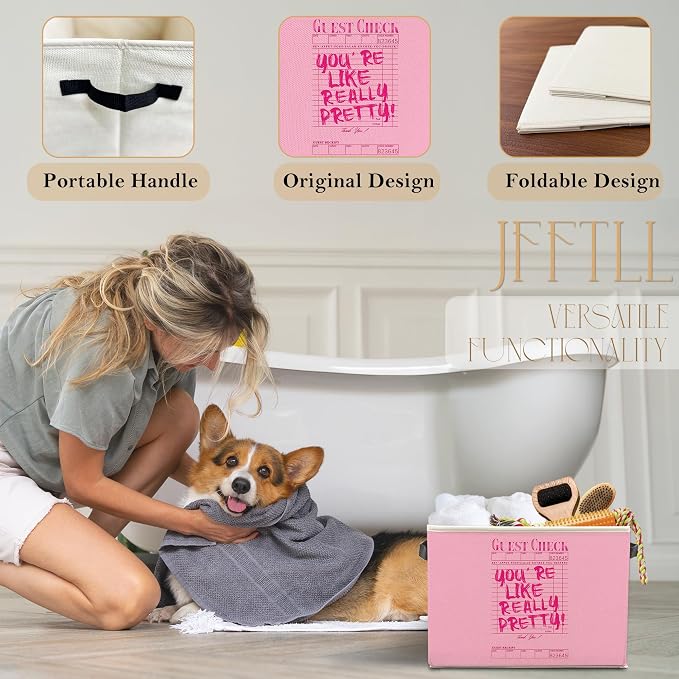Trendy Preppy Y2k Pink Storage Bins with Handles, You're Like Really Pretty Guest Check Collapsible Laundry Basket Storage Box for Home Bedroom Bathroom Clothes Toys Books