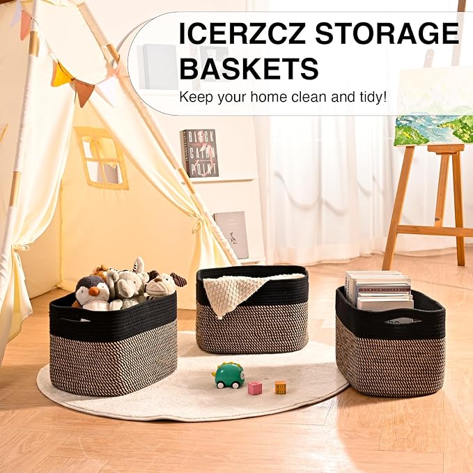 ICERZCZ Storage Baskets for Organizing Shelves, Toy Basket for Kid's Room, Woven Cotton Rope Basket for Decor, Organizing Baskets for Bedroom Living Room, 15"x11"x9.5", 3 Packs, Black & Jute