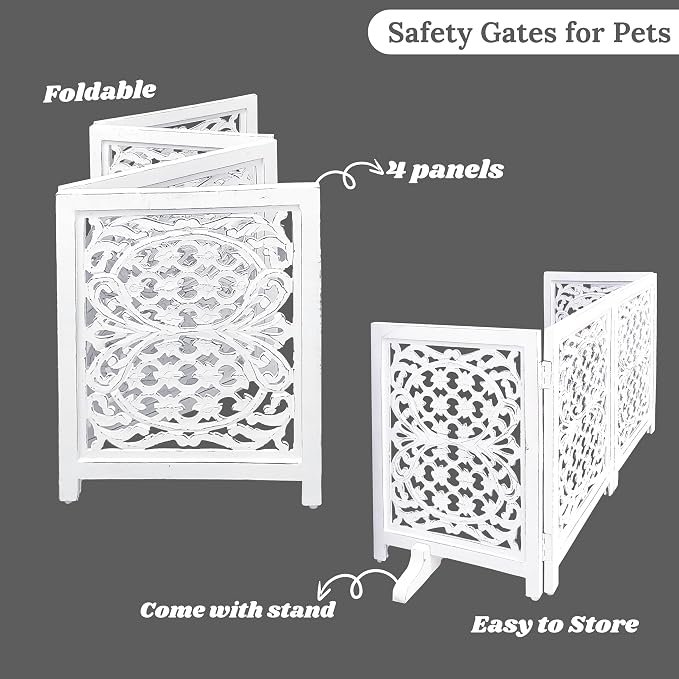 Lightnpro 4-Panel Wooden Dog Gate with Stopper – 72 Inch Extra-Wide Foldable Freestanding Pet Barrier, Antique White Indoor Safety Fence for Small Dogs & Puppies – 24x18 Inch Panels