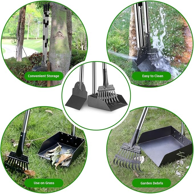 Pooper Scooper, Long Handle Dog Poop Scooper for Medium Small Dogs | Heavy Duty, Pet Supplies Metal Tray Rake Spade, Stainless Steel, Rust-Resistant,37"+ Handle No Bend, Use on Grass Dirt Gravel