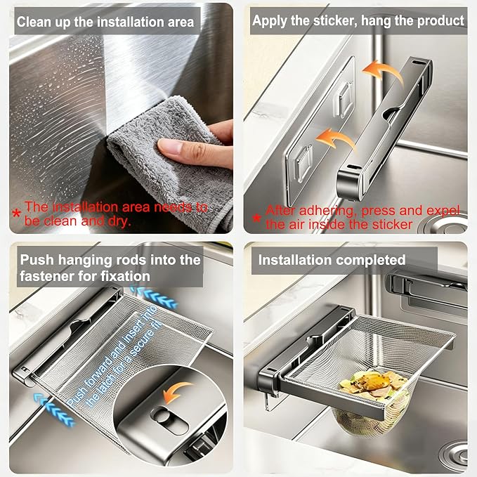 Kitchen Sink Strainer with Filter Mesh Bag, Food Waste Filter Basket, Folding Drain Strainer Catcher for Veggies, Fruits, Dishes (PET holder & metal arms)(grey)