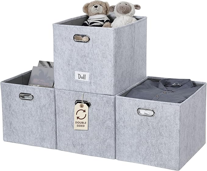 DECOMOMO Felt Storage Bins, 13x15x13 Storage Cube Bins with Labels | 4 Pack Storage Baskets for Shelves, Kallax (Light Grey)