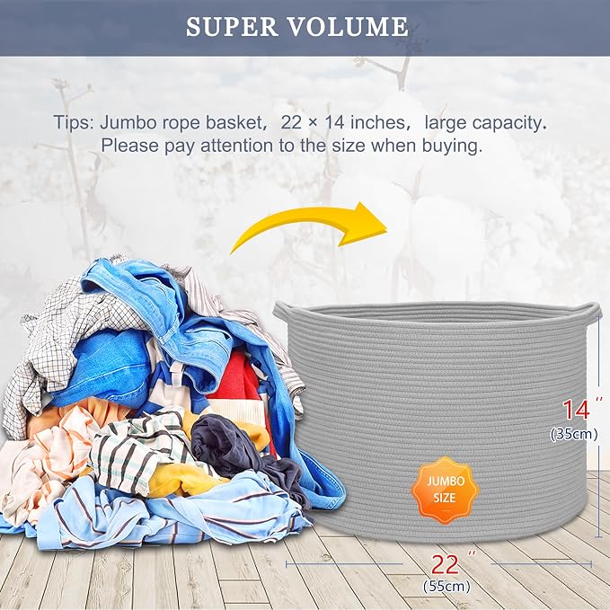 Cotton Rope Basket for Boys Kids, 87L Laundry Hamper, Light Gray