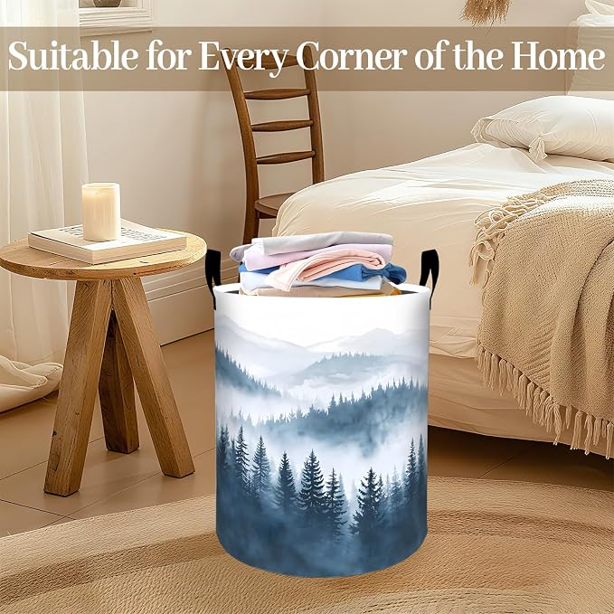 Foggy Forest Laundry Basket, Misty Pine Tree Foldable Oxford Cloth, Waterproof Dirty Clothes Hamper with Handles, Clothing Storage Bin Toy Organizer for Bedroom Dorm Bathroom, 19.7"x15.7"