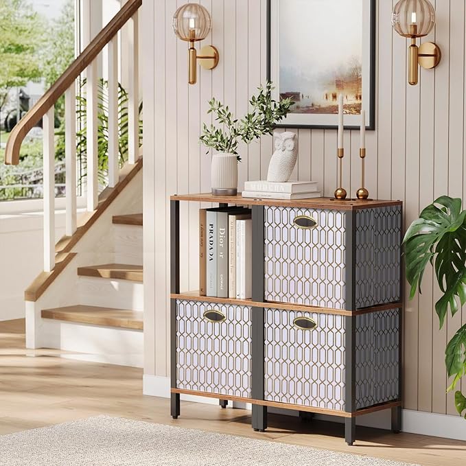 13x13x13 Storage Cube Bins, Collapsible Storage Bins Fabric Storage Cubes Organizer Baskets Box Drawers for Shelves, Closet, Wardrobe, Bookshelf, Cabinet, 4 Pack, White/Shiny Gold, AG4000202