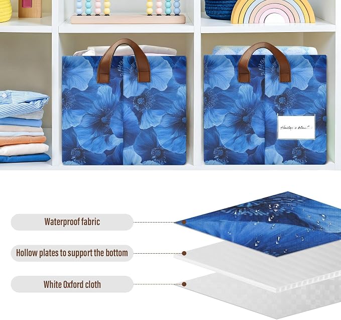 Cobalt Blue Poppy Flower Deep Blue Storage Bins for Shelves with Labels&Handles Fabric Organizer Bin Foldable Rectangle Storage Basket Boxes for Closet, Bathroom, Home, Living Room