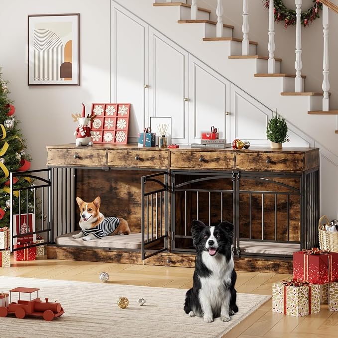 Dog Crate Furniture for 2 Dogs, Double Dog Crate TV Stand, Brown | 78.7'' Large Dog Kennel Indoor, 4 Storage Drawers and Feeding Bowls, Pet Kennel for Small and Medium Dogs