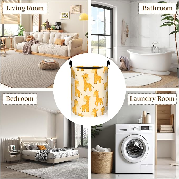 Giraffe Laundry Basket, Adorable Cartoon Wild Foldable Oxford Cloth, Waterproof Dirty Clothes Hamper with Handles, Clothing Storage Bin Toy Organizer for Bedroom Dorm Bathroom, 19.7"x15.7"
