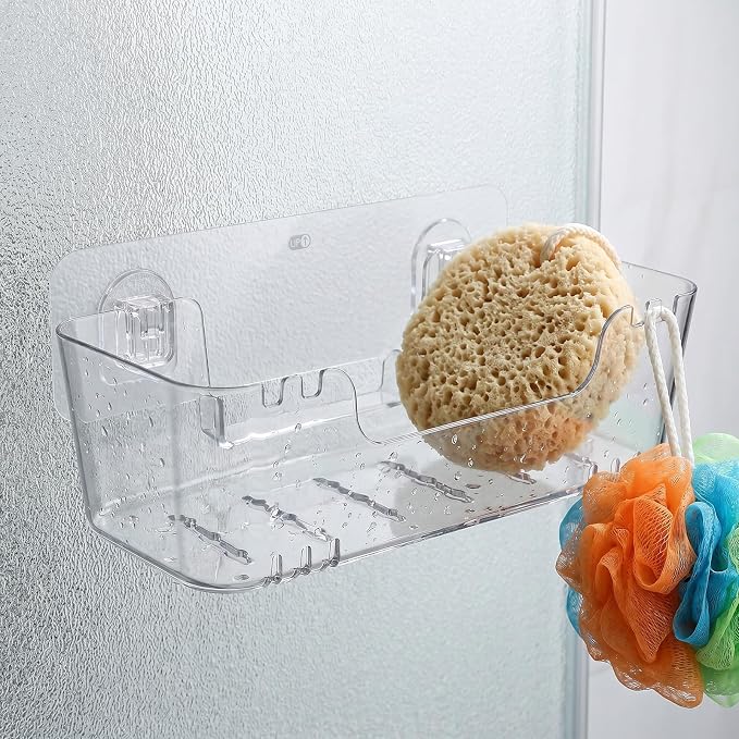 Wakauto 4 Pack Clear Wall Mounted Bath Toy Organizer & 2 Soap Dishes | Bathtub toy holder basket, adhesive shower caddy, kids bathroom storage, easy drainage design