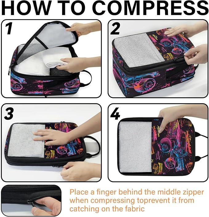 Monster Truck Compression Packing Cubes Cartoon Cars 6 Set Travel Packing Cubes for Suitcases Lightweight Expandable Organizers