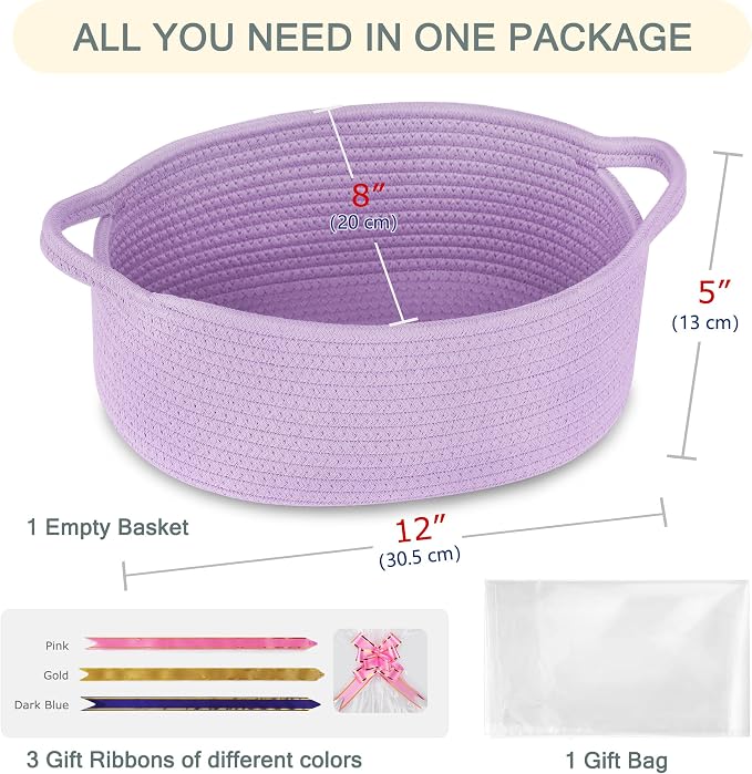 COMSE Empty Small Gift Basket with Bag & Ribbons, Purple | Cotton Rope, 12"x 8"x 5", Baby Toy Organizer, Stores Small Items for Bedrooms, Nurseries, Bathrooms, Living Rooms, Offices