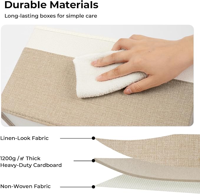 GRANNY SAYS Storage Bins with Lids, Decorative Storage Boxes with Lids | Storage Box with Dust Cover, Handles & Lable, Collapsible, Ideal for Closet Clothes Blanket Toys, Medium, White&khaki, 3-Pack