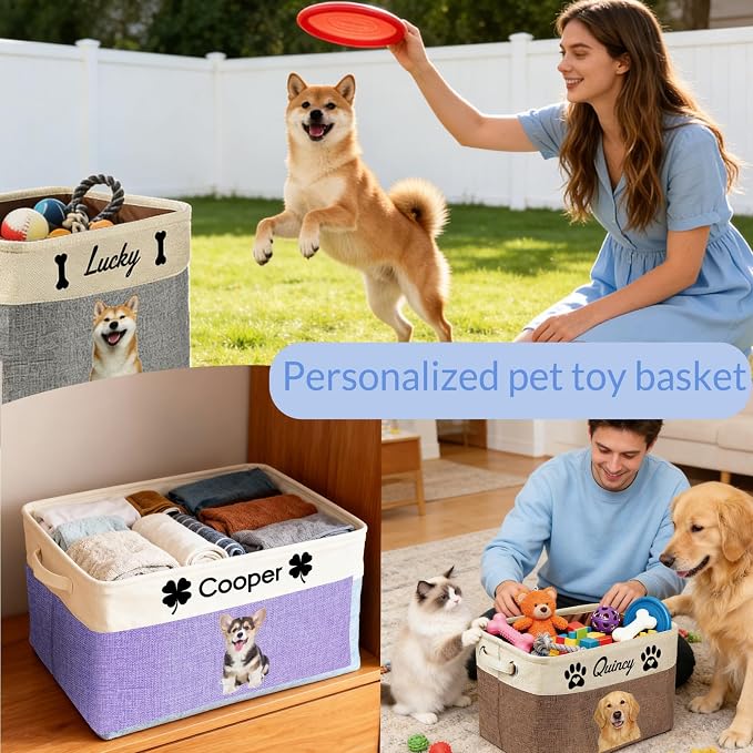 Personalized Dog Cat Toy Basket with Name Photo, Custom New Puppy Toy Storage Bins with Handles, Customized Baskets Organizer for Blankets Pet Supplies Clothes Food
