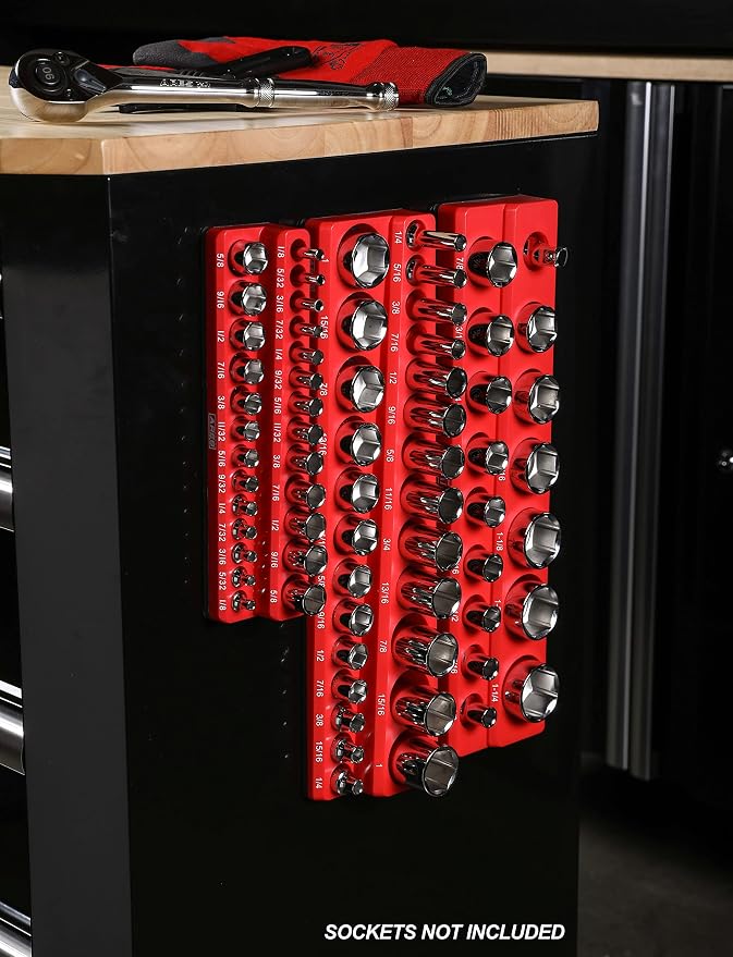 ARES 70232 26-Pc 1/4-In SAE Magnetic Socket Organizer | Part No. 70232; 13 Standard Size and 13 Deep Size Socket Holder; Keeps Your Tool Box Organized