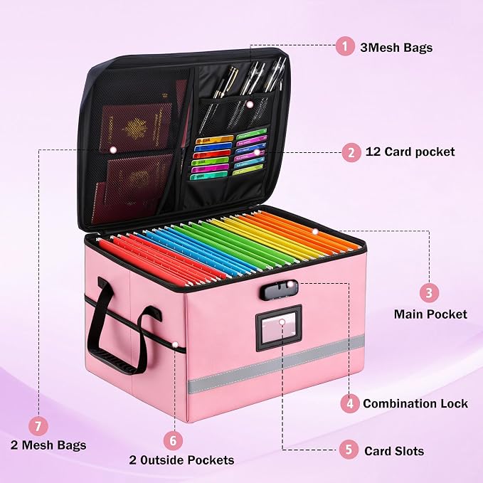 EXLIFBAG File Organizer, Fireproof File Box with Lids, Important Document Organizer Box with Lock, Portable File Folder Organizer with Handle
