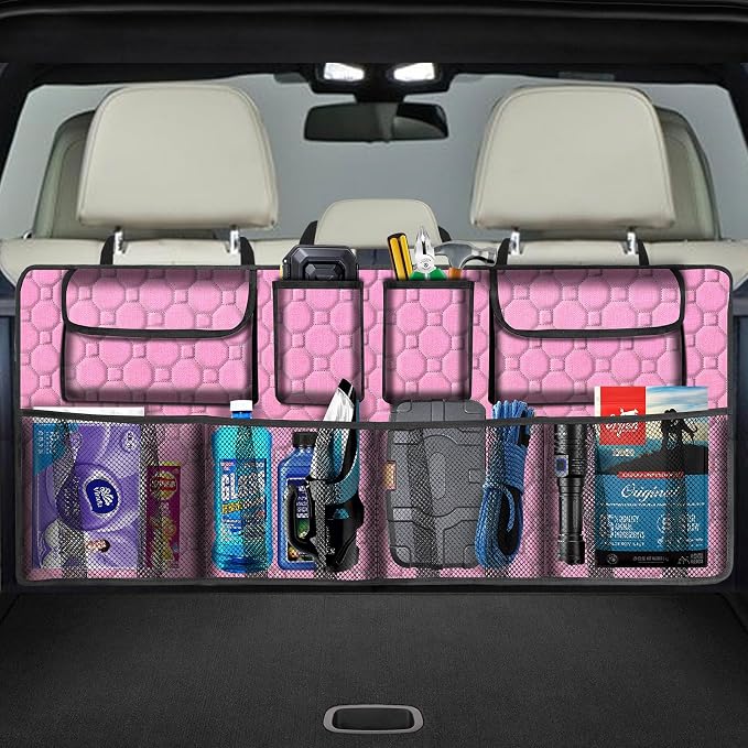 Car Trunk Organizer, Super Capacity Backseat Car Organizer for SUV/Truck/MPV(42"*18"), Hanging Car Storage Organizer with 8 Pocekts, Car Accessories for Women and Men- Pink
