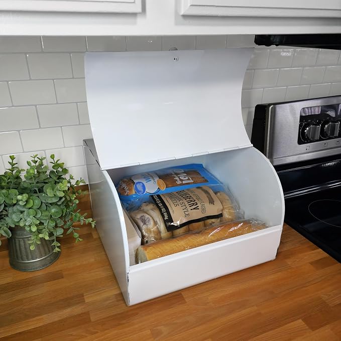 AuldHome Design Large White Bread Box; Farmhouse Enamelware Vintage Style Family Size Countertop Bread Bin