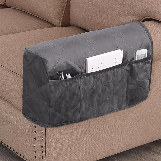 Velvet Quilted Armrest Covers - Water-Resistant Sofa Arm Protectors Set of 2 with Side Pocket Organizer, Non-Slip Furniture Covers for Chairs & Couches (Gray)