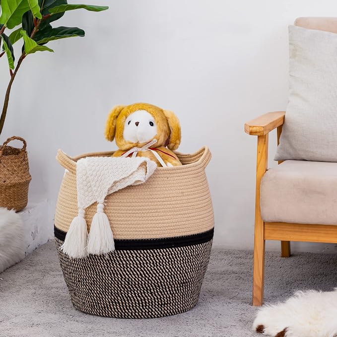 KAKAMAY Woven Baskets for Storage(17"x17"),Large Cotton Rope Woven Baby Laundry Hamper,Collapsible Laundry Basket, Blanket Basket for Organizing Living Room,Nursery,Clothes,Toy chest (Black)