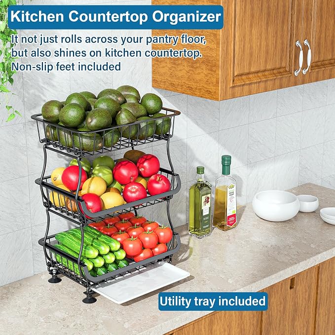OKZEST 3-Tier Rolling Pantry Floor Organizers and Storage Cart with Wheels | Fits under pantry shelf, Stackable kitchen pantry baskets with dirt catch tray, Holds drink, snack, can, potato, onion, fruit