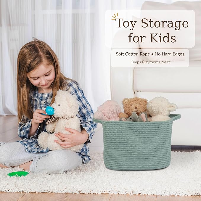 XUANGUO Woven Cotton Rope Storage Basket with Handles 13x10x9 inch Green | Woven cotton rope basket for shelves and closets. Perfect for toys, books, clothes, nursery storage and gift baskets