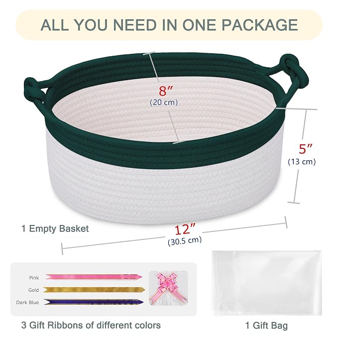 COMSE Small Gift Basket Empty with Bag & Ribbons, Dark Green & White | Cotton Rope, 12"x 8"x 5", Pet Toy Storage Organizer, Woven Basket for Birthdays, Baby Showers, Mother’s Day, Valentine’s Day