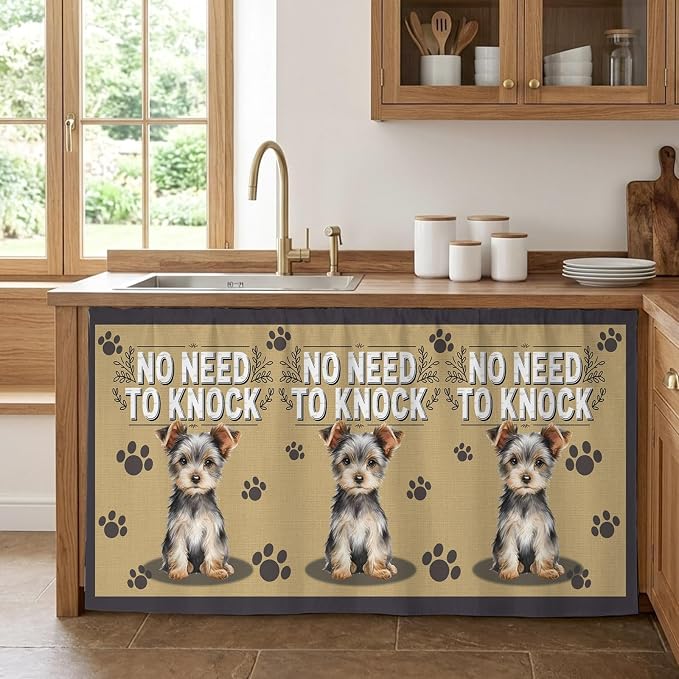 NO Need to Knock Sink Skirt for Bathroom, Self-Adhesive Under Sink Curtain, Terrier Puppy Paw Prints Pet Lover Farmhouse Hide Pipes & Storage Fabric Cabinet Skirt Cover for Kitchen Laundry 32"x55"
