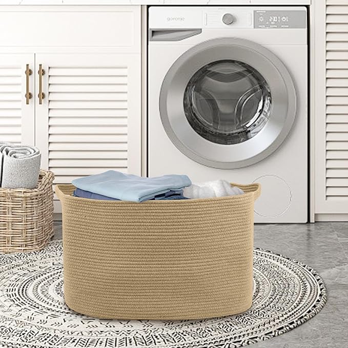 Large Jute Rectangle Rope Basket, 23.6" x 17" x 12" Blanket Storage for Living Room, Pool Towel Basket, Woven Baby Floor Laundry Hamper for Clothes, Toy Storage Bin, Bathroom Towel Storage