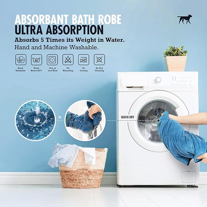 Tuff Pupper Bathrobe, Medium, Blue - Fast Drying Dog Towel Robe/Dressing Gown, 800 GSM Plush, Super Absorbent, Adjustable Hood & Belly Strap, Super Soft, Microfiber, Quick Dry