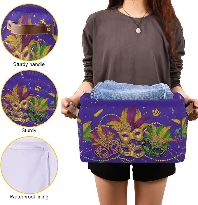 Mardi Gras Purple Storage Basket with Waterproof Liner and PU Handles Masquerade Mask Fleur de Lis Storage Bins Boxes 14.2" Collapsible Decorative Organizer Baskets for Bedroom Closet Office 2 Pack