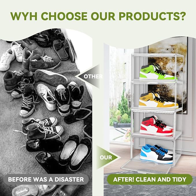 1 Pack Clear Plastic Shoe Boxes, Stackable Magnetic Door, Fit Size 12.5 | 14.2 x 10.6 x 8.1 in clear plastic boxes for daily sneakers, casual shoes and closet storage