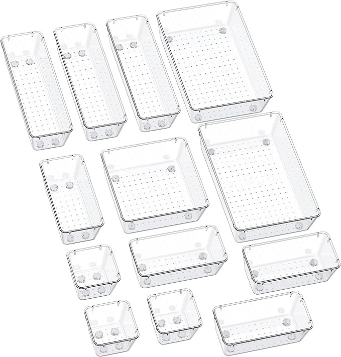 SMARTAKE 13-Piece Drawer Organizers with Non-Slip Silicone Pads, 5-Size | Clear Desk Bathroom Drawer Organizer Trays Storage Tray for Makeup, Jewelry, Utensils in Bedroom Dresser, Office and Kitchen