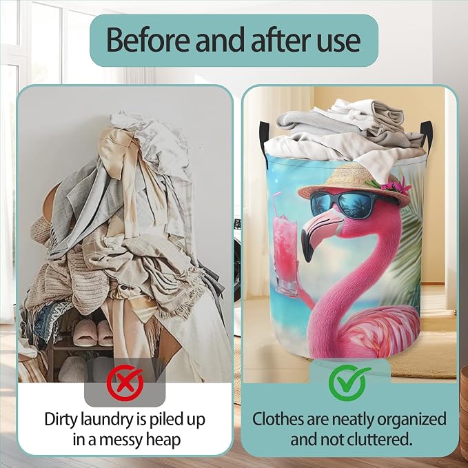 Flamingo Juice Beach Laundry Basket With Handles Tote Bag Oxford Cloth Funny Laundry Hamper Clothes Storage Bucket Toy Organizer 16" X 20.8"For Bathroom/Laundry/Bedroom